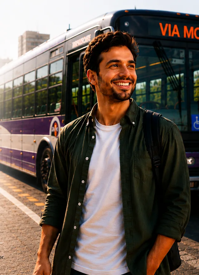 Colaborador em contexto de mobilidade urbana, ao lado de um ônibus Mobi